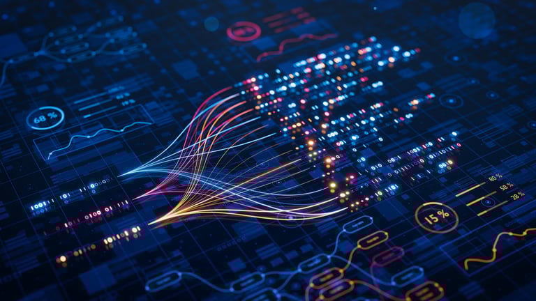 AI powers big data analysis and automation workflows, showcasing neural networks and data streams for business