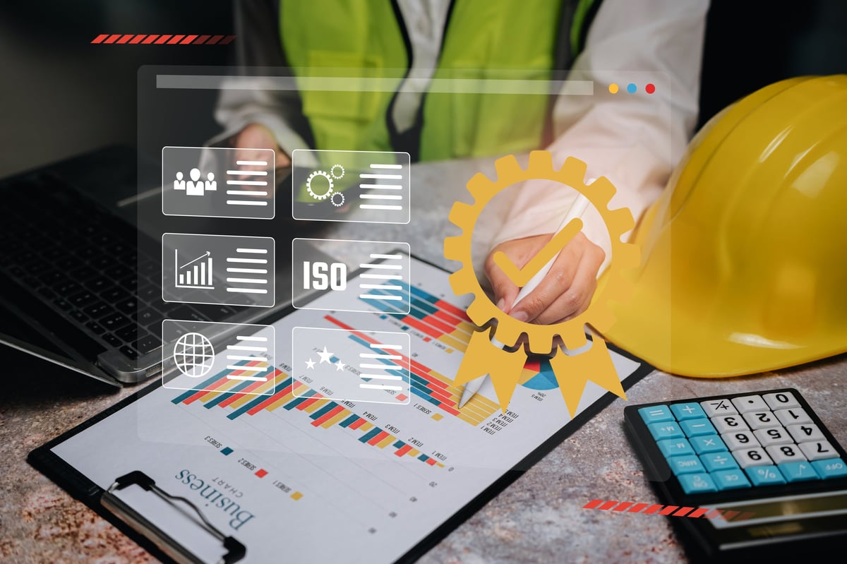 Quality assurance management concept, engineer analyzing business chart data with ISO certification and quality control icon for industrial standard improvement and performance audit.