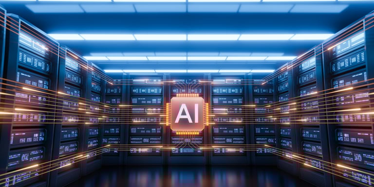 Futuristic AI server room, glowing AI chip, dynamic data flow connecting server racks