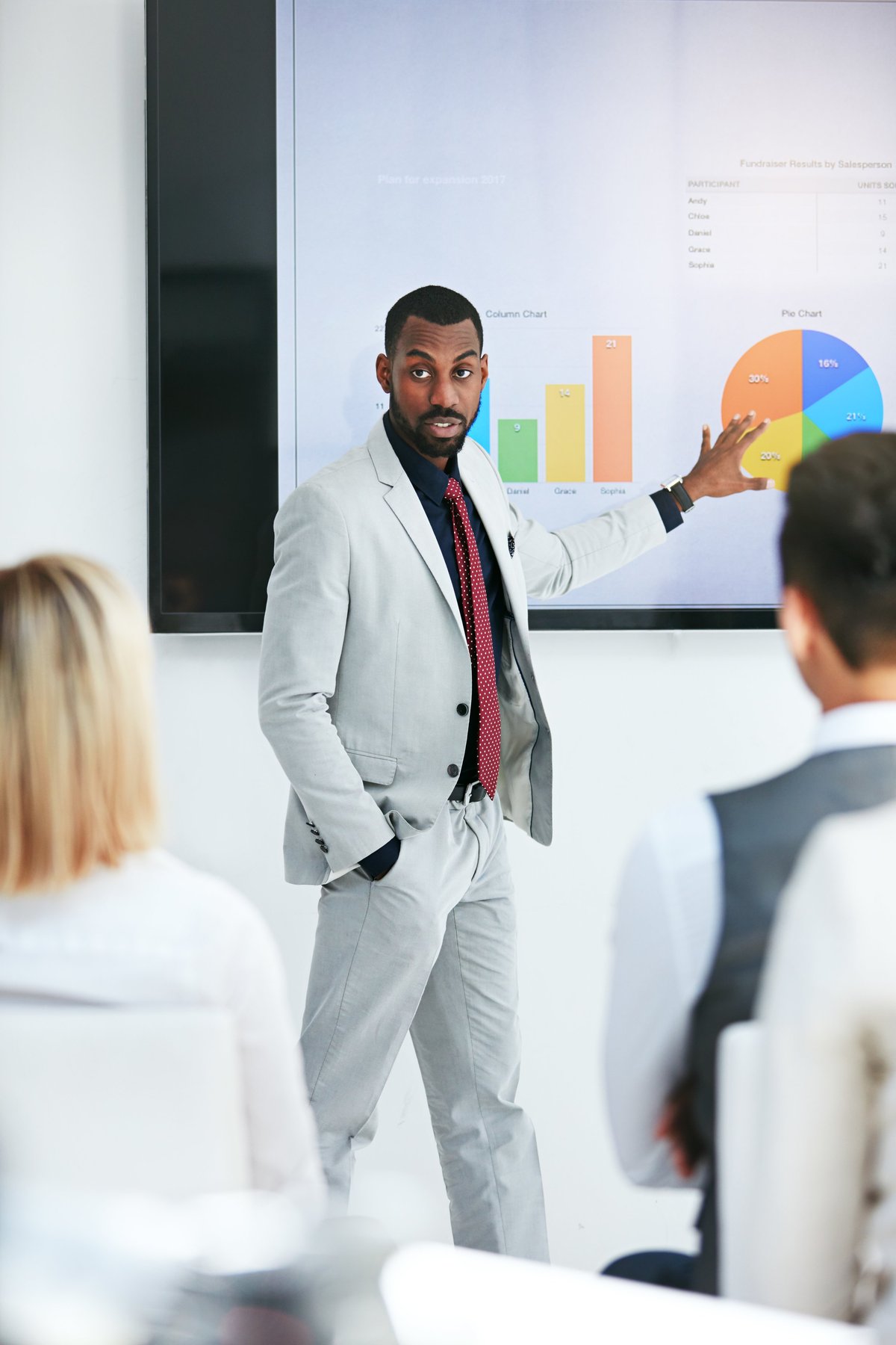 Consultor experto presentando la implementación de un Sistema de Gestión de Calidad a un equipo empresarial
