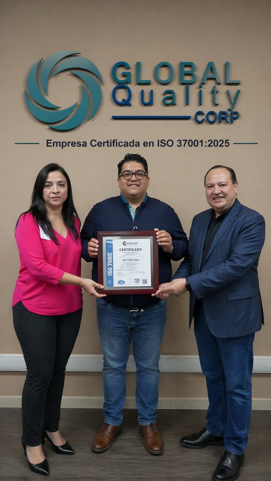 Three professionals holding an ISO 37001:2025 certification certificate in front of Global Quality Corp logo