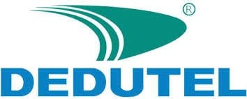 Dedutel logo featuring a stylized teal fish icon above blue company text