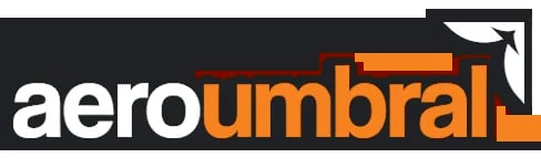 Aero Umbral logo with white and orange text on black background with stylized wing icon