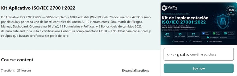 Kit Aplicativo ISO/IEC 27001:2022 course overview with implementation guide and course content details