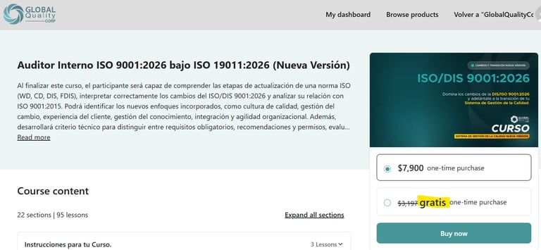 Curso de auditor interno ISO 9001:2026 mostrando descripción general del curso, secciones de contenido e información de precio con botón de compra