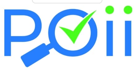 Poll logo with blue letters, magnifying glass, green checkmark, and two green dots