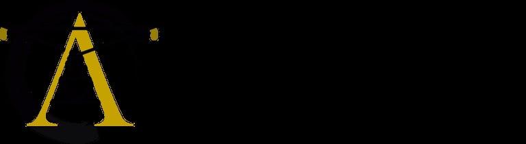 Gold outlined capital letter A with small squares on black background