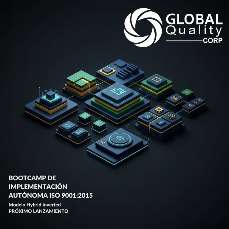 3D isometric illustration of stacked microchip components with Global Quality Corp logo, promoting autonomous ISO 9001:2015 bootcamp implementation