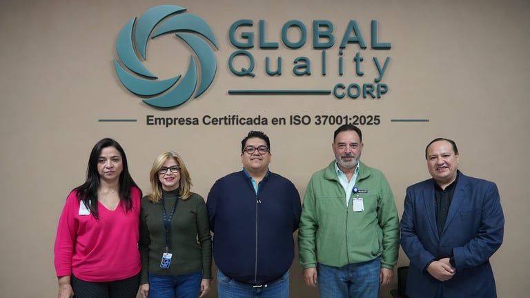 Five people standing in front of a Global Quality Corp logo and ISO 37001:2025 certification sign on a beige wall