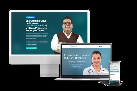 Multi-device mockup showing Spanish language training website about ISO standards with professional headshots displayed across desktop monitor, laptop, and smartphone screens